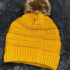 Yellow Knit Beanie with Faux Fur Pom